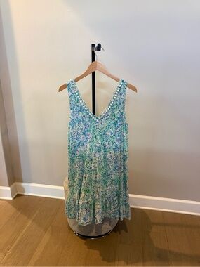 Lilly Pulitzer Turquoise & Light Blue Floral Tank Dress with Pom Trim